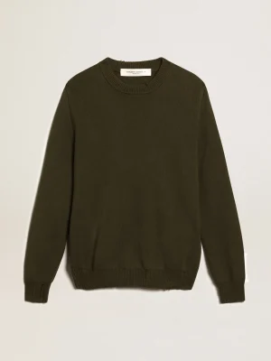 Clearance Pulôver masculino de gola redonda de algodão verde-militar Malhas
