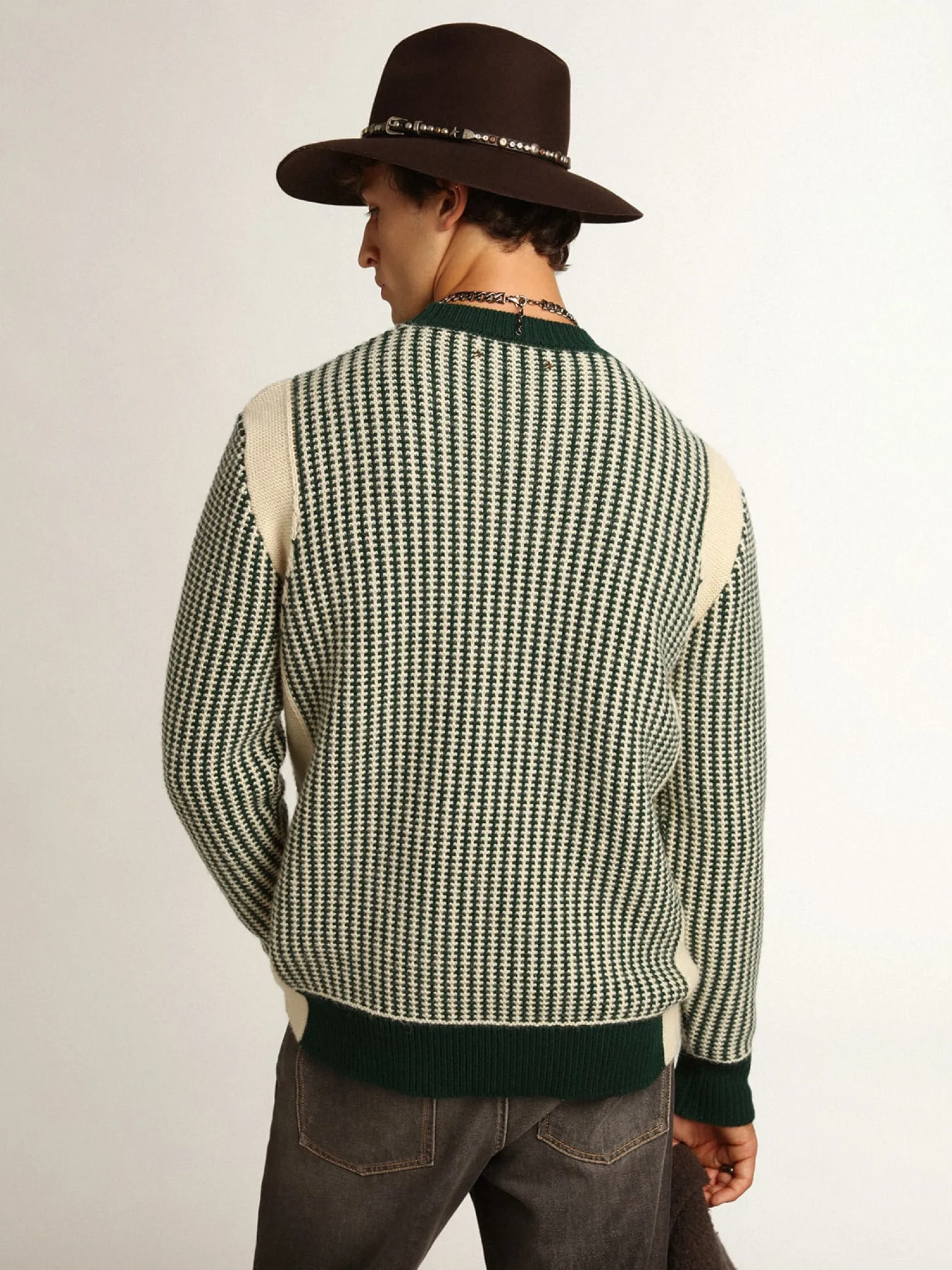 Flash Sale Pulôver masculino de gola redonda de lã bicolor branca e verde Malhas