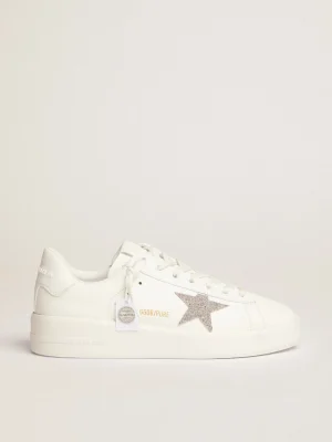 Fashion Purestar feminino de couro branco com estrela de cristais prateados MULHER Purestar