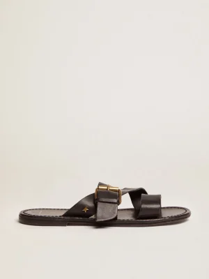 Clearance Sandália rasteira Feminina de couro resinado preto MULHER Sapatos | Beachwear