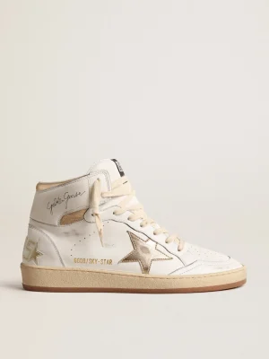 Cheap Sky-Star de napa branca com estrela e talão de couro metálico dourado MULHER Sky-Star