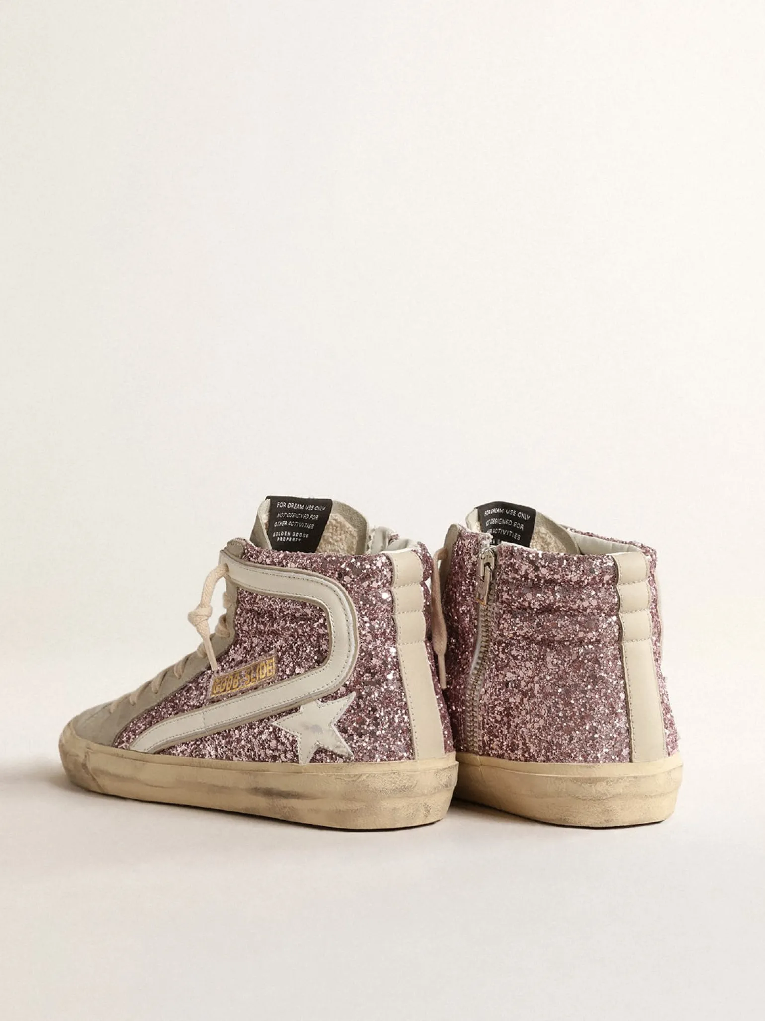 Clearance Slide de glitter lilás com estrela e lista de couro branco MULHER Slide