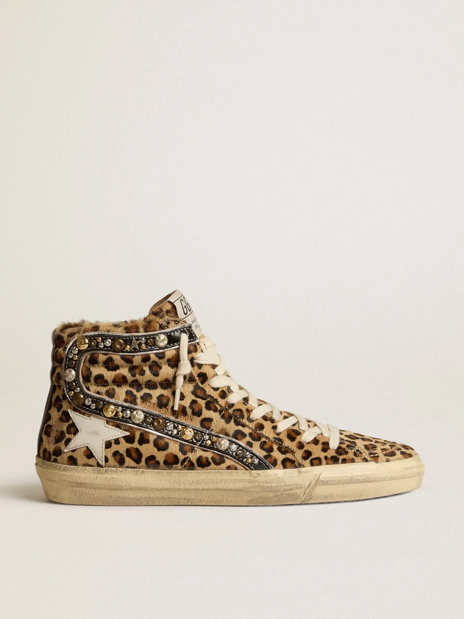 Shop Slide Feminino LAB de couro cavalinho animal print com lista de couro e tachas MULHER Slide