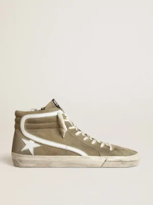 Clearance Slide masculino de suede verde-militar com estrela e lista brancas Slide