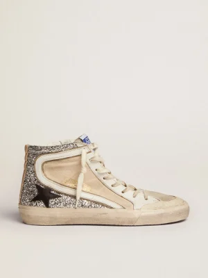 Flash Sale Slide Penstar feminino de lona cor creme e glitter prateado MULHER Slide