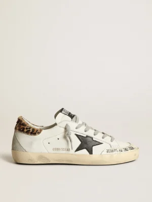 Outlet Super-Star com estrela de couro preto e talão de couro cavalinho com estampa de leopardo MULHER Super-Star