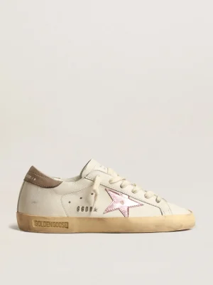 Cheap Super-Star de napa branca com estrela de couro metálico rosa MULHER Super-Star