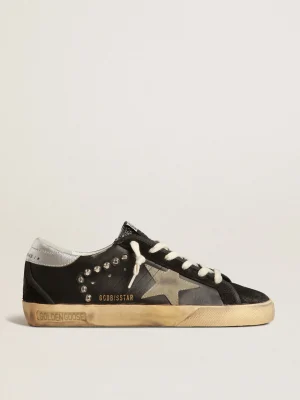 Cheap Super-Star Feminino de couro e suede pretos com tachas prateadas MULHER Super-Star