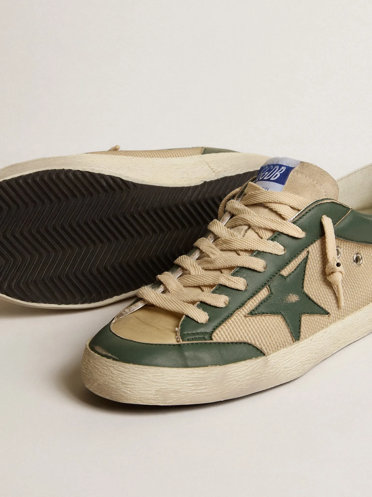 Cheap Super-Star LTD de tela creme e napa verde com estrela de napa Super-Star