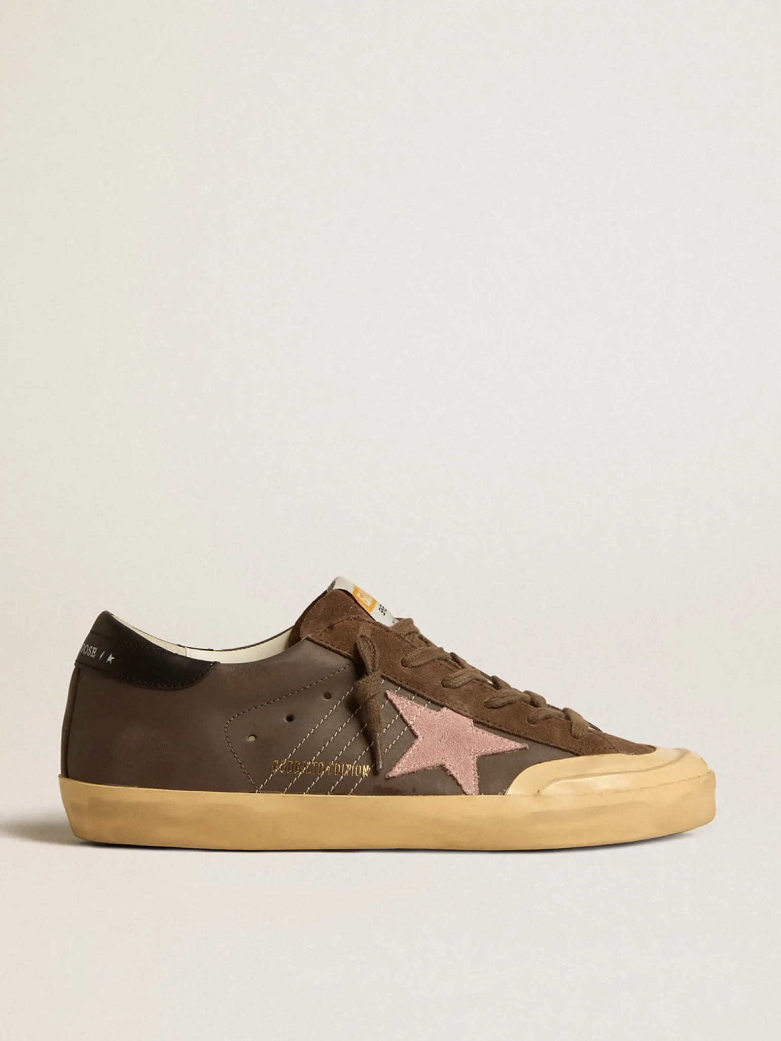 Store Super-Star Penstar LTD de couro marrom com estrela de suede rosa MULHER Super-Star