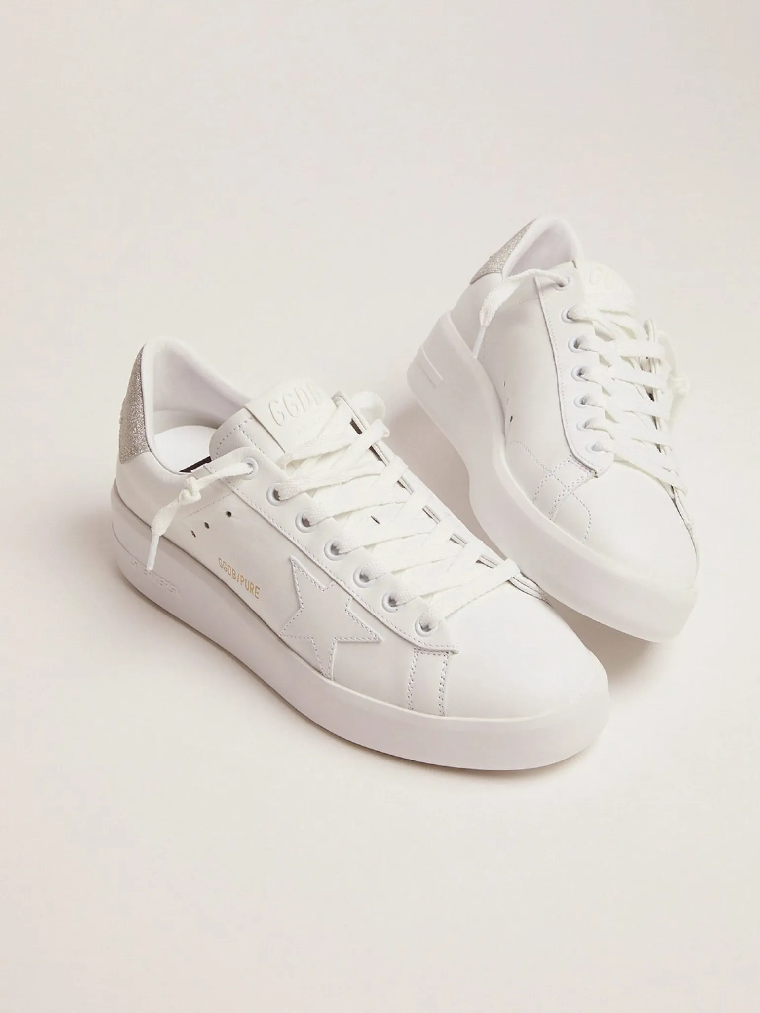 Flash Sale Tênis Purestar de couro branco e talão com glitter champanhe MULHER Purestar