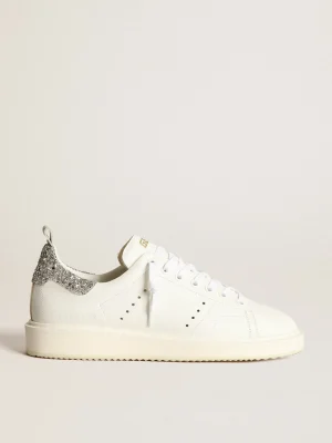New Tênis Starter em couro branco com talão de glitter prateado MULHER Starter