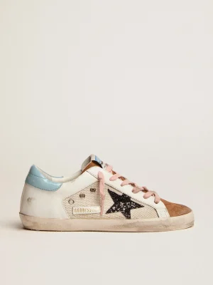 Outlet Tênis Super-Star de tela cinza claro e couro branco com estrela de glitter preto MULHER Super-Star