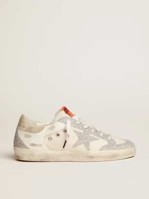 Fashion Tênis Super-Star LTD de couro e tela brancos com estrela e inserções com microcristais prateados MULHER Super-Star