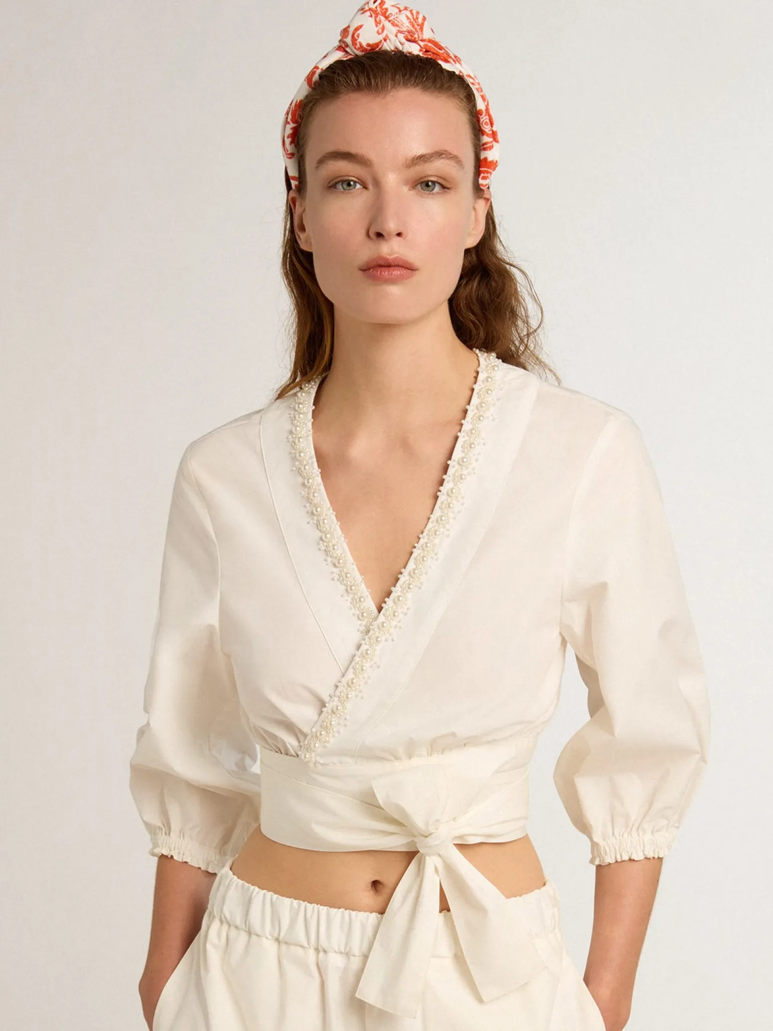 Clearance Top cropped de algodão com bordado de pérolas MULHER Beachwear | Camisas