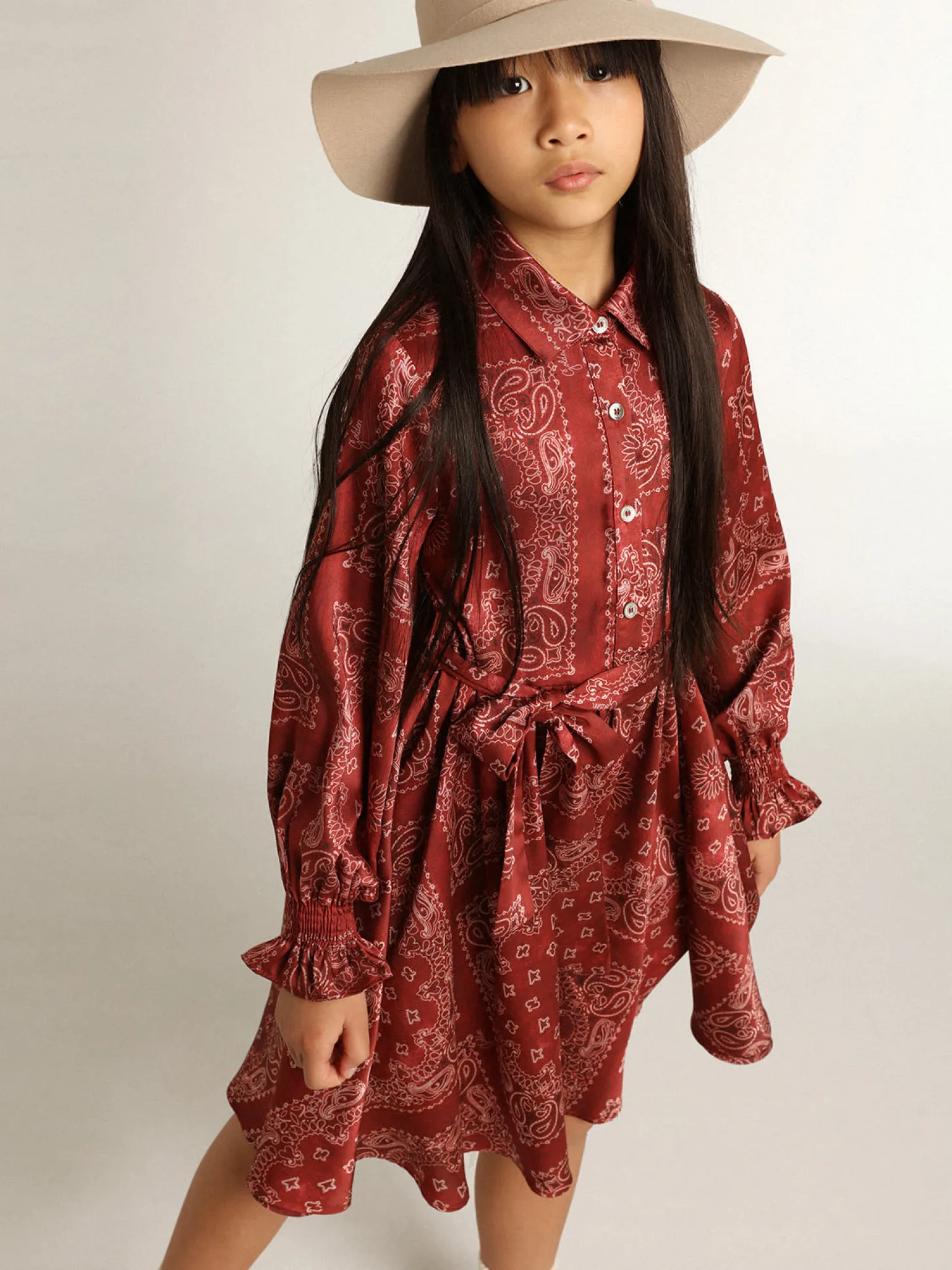 Sale Vestido chemise infantil feminino bordô com estampa caxemira Roupas de cima (4-12 years)