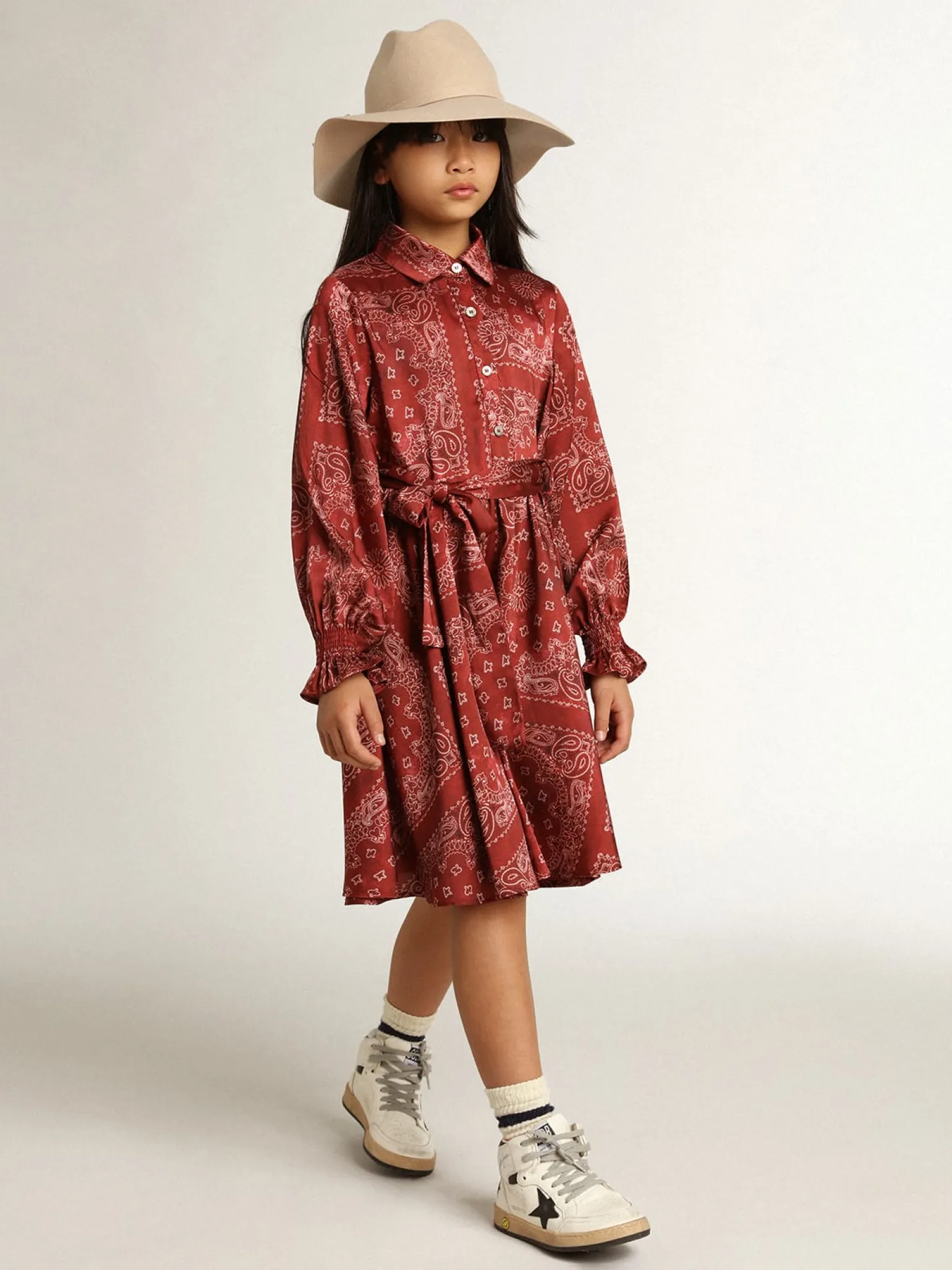 Sale Vestido chemise infantil feminino bordô com estampa caxemira Roupas de cima (4-12 years)