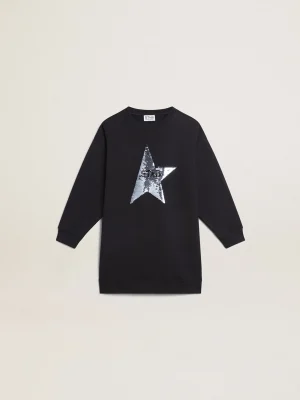 Flash Sale Vestido de moletom infantil feminino azul com estrela de lantejoulas Roupas de cima (4-12 years)
