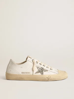 New V-Star de couro branco com estrela de glitter platinado MULHER V-Star