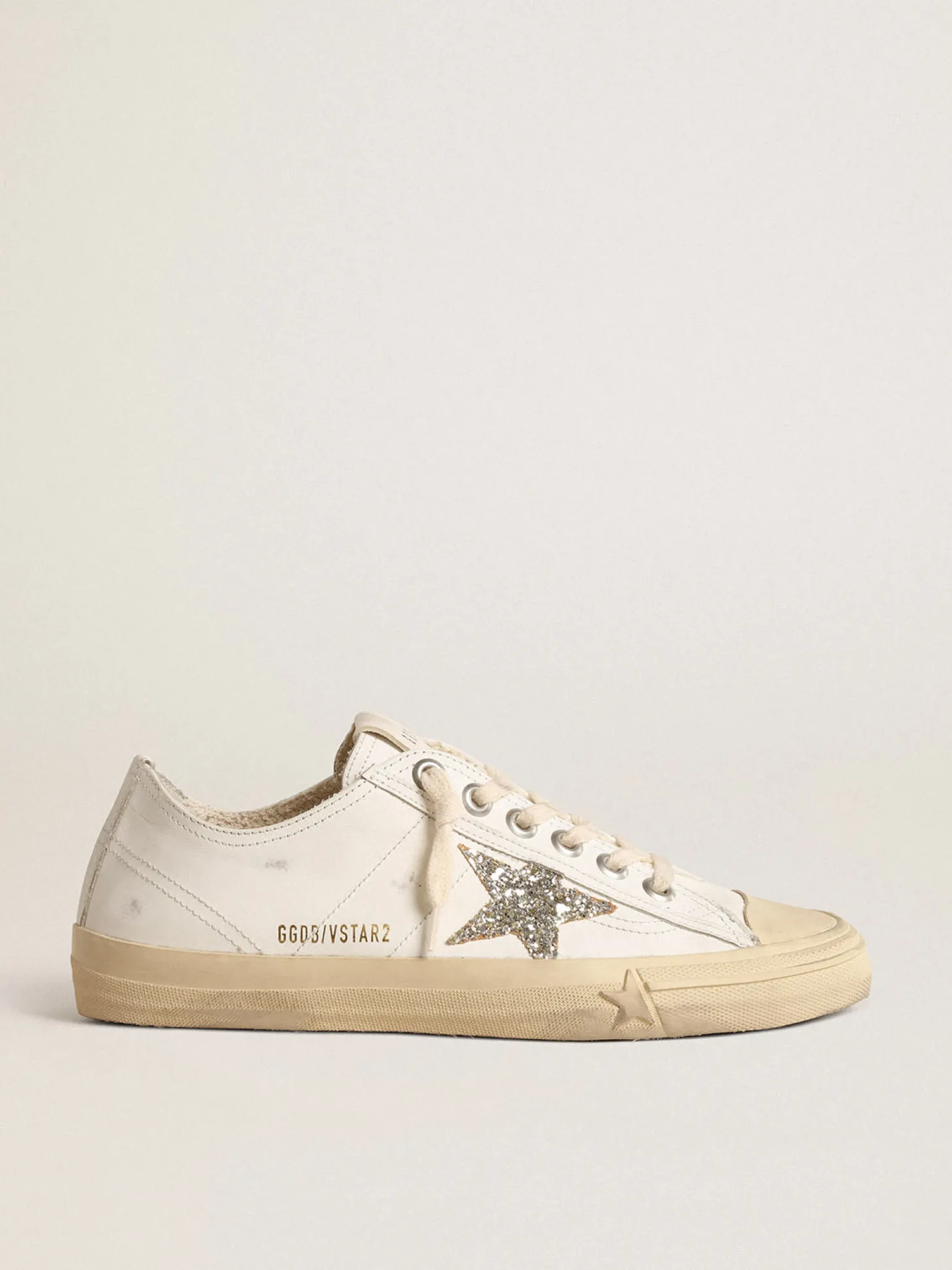 New V-Star de couro branco com estrela de glitter platinado MULHER V-Star