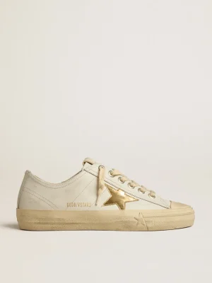 Best V-Star de couro branco com estrela de couro metálico dourado MULHER V-Star