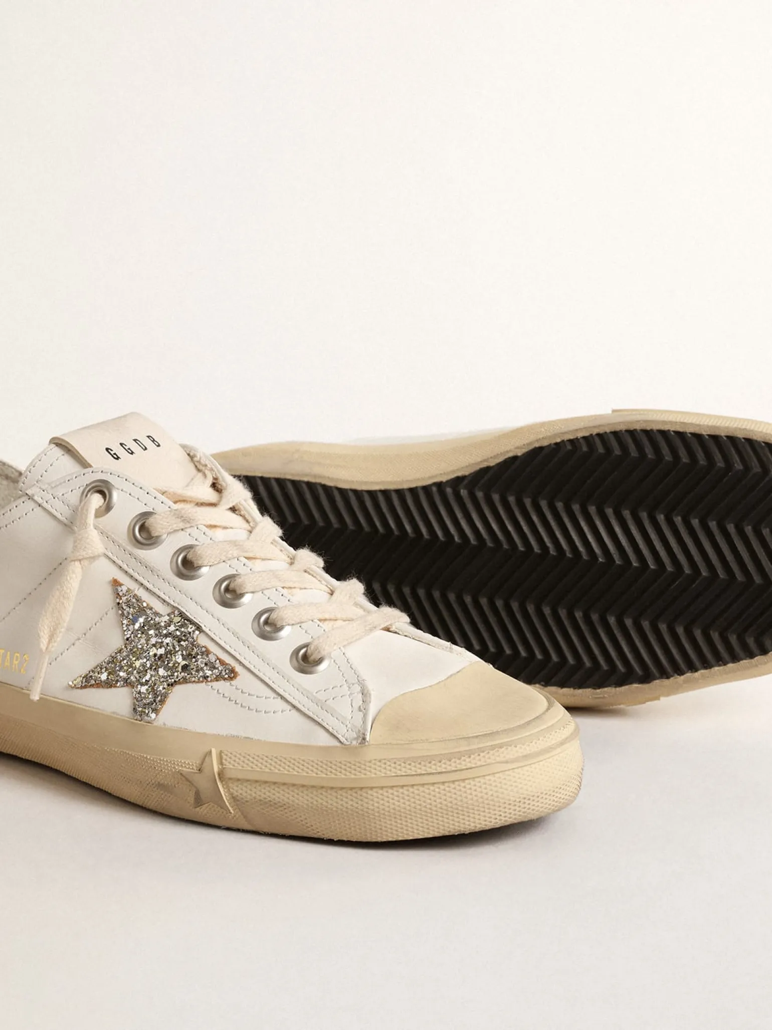 New V-Star de couro branco com estrela de glitter platinado MULHER V-Star