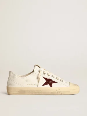 Hot V-Star feminino de napa branca com estrela de glitter vermelho MULHER V-Star