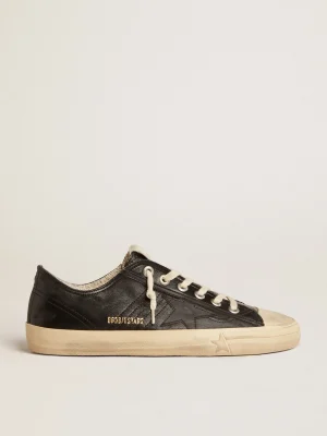 Flash Sale V-Star Masculino de napa preta com estrela de couro preto V-Star
