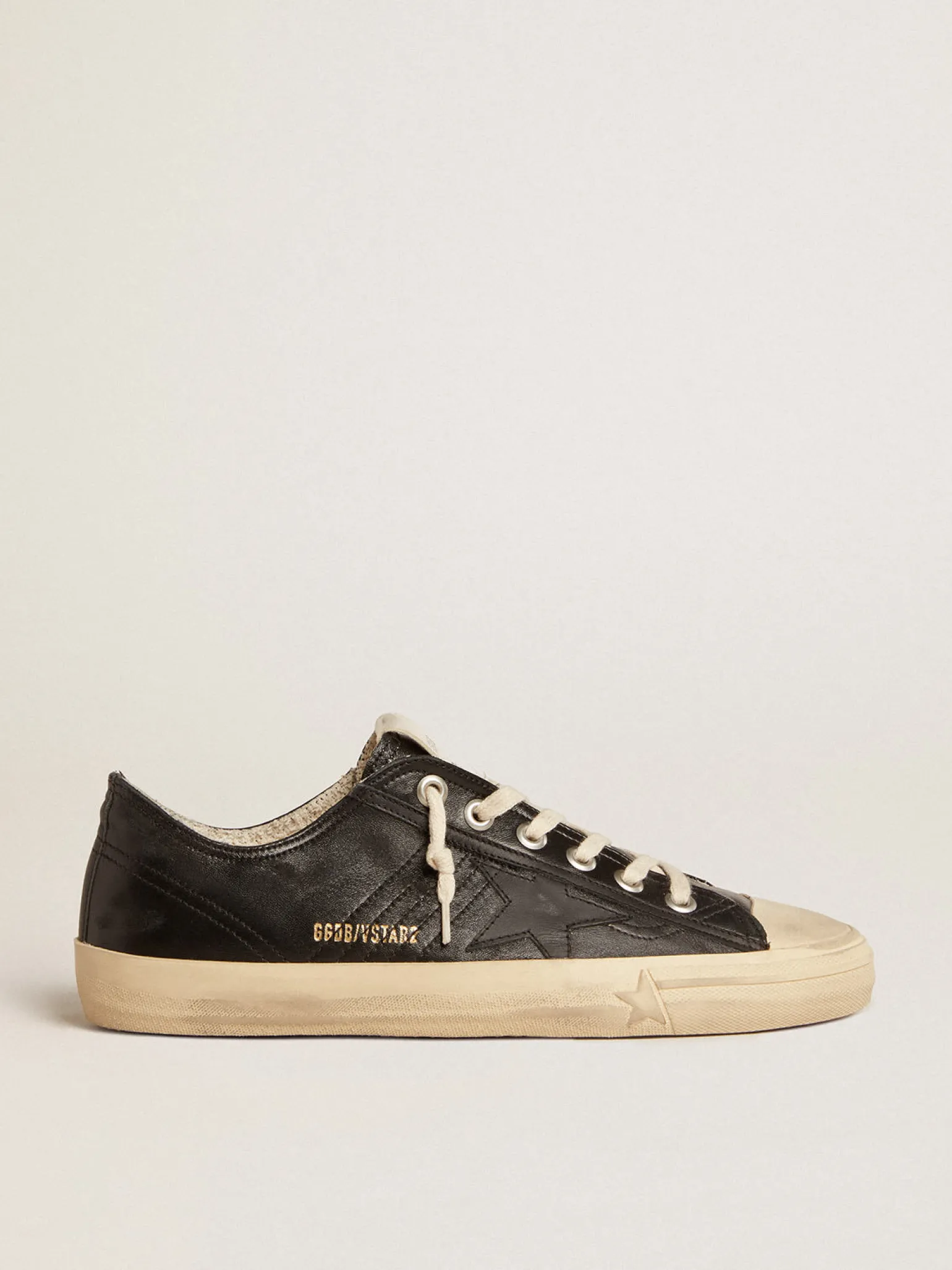 Flash Sale V-Star Masculino de napa preta com estrela de couro preto V-Star